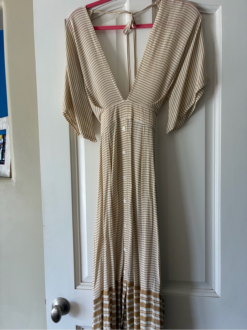 Faithfull the Brand Cream and Tan Striped V-Neck Maxi Dress
